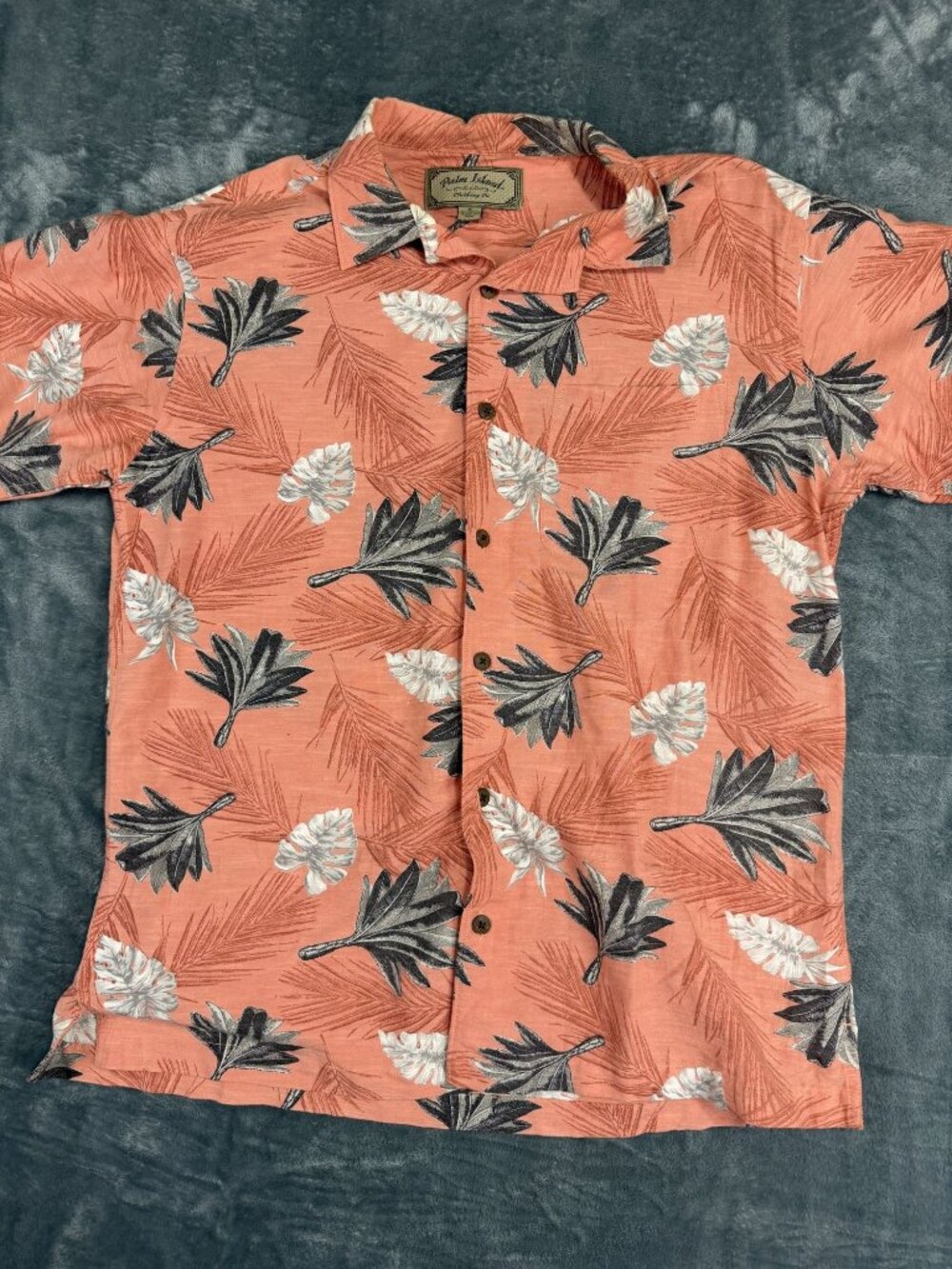 Palm Island Mens Coral Hawaiian Leaf Print Short Sleeve Button-Up Shirt M